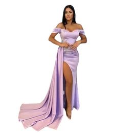 Purple Prom Dresses Sexy Off Shoulder Mermaid Evening Gowns With High Thigh Split Ruffles Pleats Appliques Long Women Occasion Party Dress
