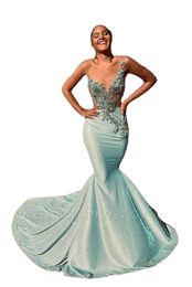 African Jewel Sleeveless Sheer Appliques Mermaid Prom Dresses African Style Crystal Backless Sweep Train Evening Gowns