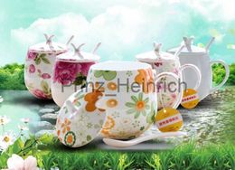 Mugs 410ML Cute floral rose designed bone china thermos tumbler mug tea for one cup large mug with lip spoon J230627