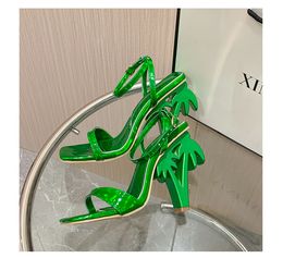 Sexy green ankle cross strap sandals women's summer fashion open-toed high heels special-shaped high-heeled sandals.