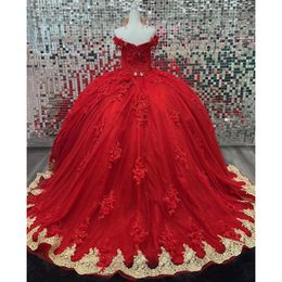 Red Quinceanera Dress 2023 Ball Gowns Beads Sequined Golden Lace Flowers Rhinestones Vestido De 15 Anos Birthday Party Prom Dress