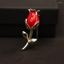 Brooches Female Simple Crystal Red Rose Flower For Women Luxury Yellow Gold Colour Enamel Alloy Plant Brooch Safety Pins