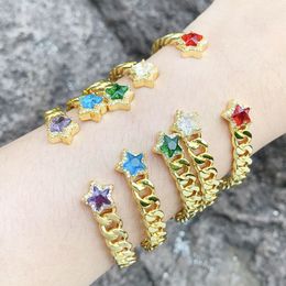 Copper Gold Plated Cuban Chain Shape Bracelets On Hand Colourful Star Crystal Stone Cuff Bangle Friendship Jewellery Gift