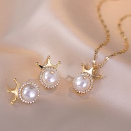 Wedding Jewellery Sets 3PCSSet Cute Fairy Tale Princess Crown Necklace Earrings Pearl Zircon Pendant Geometric Luxury Design Banquet Set Gift 230627