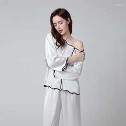 Women's Sleepwear Women's Ruffles Summer Pyjamas Suit With Buttons Lady Rayon Full Sleeve Intimate Lingerie Lounge Wear 2PCS Sets