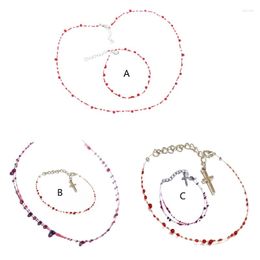 Necklace Earrings Set 2Pcs Cross-shape Trend Hip-hop Light Luxury Female Summer Niche Clavicle Chain Fashion Red Blood Drop Bracelet