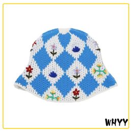 WHYY Hand Knit Crochet Flower Bucket Hats Women Autumn Cotton Yarn Soft Fisherman Caps Women Cheque Colorblock Beach Hat Gorros