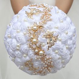 Decorative Flowers Wreaths Luxury Pure White Wedding Bouquets For Bride And Bridesmaid Exquisite Ribbon Rose Handmade Wedding Props 230626