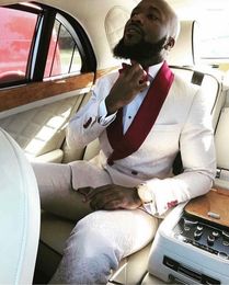 Men's Suits Men's & Blazers 2023 Men Jacquard Pattern Custom Made Slim Fit Groom Tuxedo Bridegroom Business Dress Wedding White Red