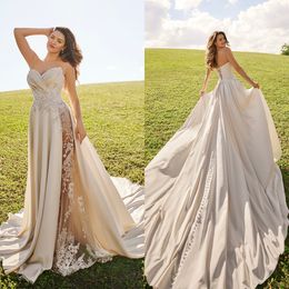 Classic Wedding Dresses Sexy Side High Slit Lllusion Backless Bridal Gown With Brush Train Robe De Vestido Customised Size