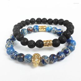 Strand 2023 Design High Grade Men Jewellery 8mm Black Lava Stone And Blue Sea Sediment Bead With Gold-color Skull Bracelet