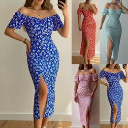 Casual Dresses Women's Wrap Buttocks With Slit One Line Collar Classic Floral Style Dress