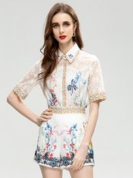 Women's Tracksuits MoaaYina Fashion Designer Summer Women's Turn-down Collar Lace Short Sleeve Flower Printing Diamonds Two Pieces Set