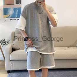Men's Tracksuits Men's Summer Suit Waffle Fabric Tracksuit Breathable Casual TShirt Shorts Streetwear Fashion Summer Style Unisex Two Piece Set x0627