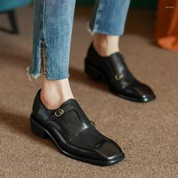 Dress Shoes Woman Retro French Style Cowhide Women Pumps British Oxfords Round Square Loafers Slip On Vintage Buckle Med Heel