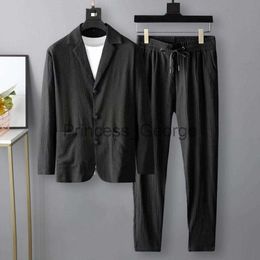 Men's Tracksuits Spring Summer Men Blazer Pants Long Sleeve Stripe Pleats Jacket Drawstring Pants Casual Suit Korean Slim Twopiece Set x0627