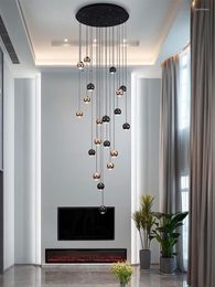 Pendant Lamps Modern Led Living Room Light Black Gold Glossy Ball Crystal Luxury Duplex Penthouse Home Decoration Fixture