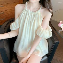 Women's Blouses Apricot Chiffon Shirt Sexy Sleeveless Blouse Summer Sweet French Style Elegant Pearl Halter Neck Women Tops Loose Clothes