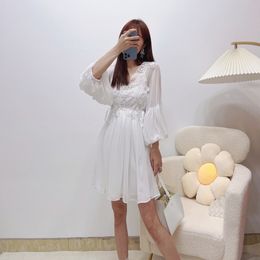 Auth S-elf Portrait White Patched Lace Lantern Sleeves V-Neck Two Piece Dress High Waist Doll Dress