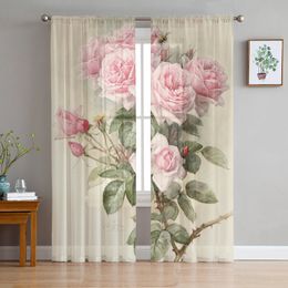 Curtain Pink Flower Rose Vintage Sheer Curtains for Living Room Decoration Tulle Voile Organza Window Curtains for Kitchen Bedroom 230626