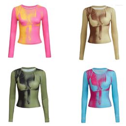 Women's Shapers Women's 3D Body Print Crop Top Y2K Neck T-Shirt Long Sleeve Hipsters Casual Summer Fitted Blouses