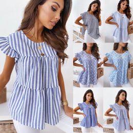 Women's Blouses White Polka Dot Print Blouse Women 2023 Summer Casual O-neck Ruffles Short Sleeve Blue Striped Shirt Lady Vintage Loose Long