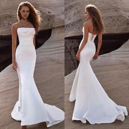 Milla nova denizkızı elbiseler askısız saten elbise süpürme treni dantel yukarı düğün gelinlik 0415