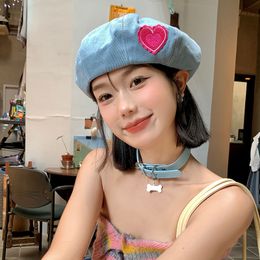 Pink Love Denim Beret Hats Women Spring and Summer Korean Shows Face Small Versatile Retro Painter Cap Japanese Y2K Berets