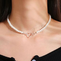 French Vintage Pearl Chain Necklace For Women Fashion Silver Colour Lover Heart Choker Simple Women Collar Ladies Jewellery Gift