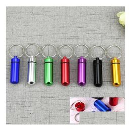 Keychains Lanyards 7 Colours Metal Container Keychain Aluminium Pill Box Holder Portable Mtifunction First Aid Pills Key Chain Bottl Dh6Nv