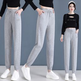 Grey Women's Pants spring and autumn outerwear 9-point leggings Capris 2023 new loose and slim elastic waist casual Harlan trousers