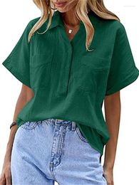 Women's Blouses Summer For Women's Solid Colour Short Sleeved Shirt Casual Loose Button V Neck Retro Cotton Green Female Office