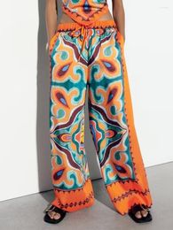 Women's Pants Kumsvag 2023 Women Summer Wide Leg Vintage Fashion Loose Print Satin Elastic Waist Female Elegant Street Pant Trousers