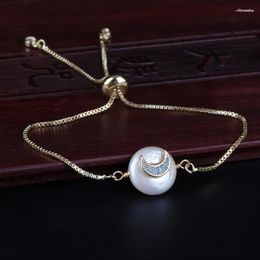 Link Bracelets Mint Lake Blue Cz Pave Crescent Moon Charm Natural Freshwater Pearl Bead Bracelet For Women Wedding Brithday Gift