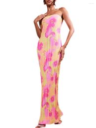 Casual Dresses Sexy Bodycon Strapless Pleated Floral Long Dress Summer Y2K Party Clubwear Dresses(Z-Pleated Orange S)