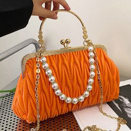 Evening Bags Fashion Women Orange Green Shoulder Bags Prom Clutch Pearl Chain Crossbody Bags Female Chic Pu Leather Handbags And Purse 230627