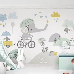 Wallpapers Custom Mural 3D Cute Cartoon Elephant Riding Bicycle Hamster Clouds Children Room Bedroom Background Wall Decoration Wallpaper