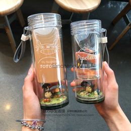 Creative Micro Landscape My Neighbour Totoro Portable Glass Cartoon Korea Lovely Female Students Insulated Double Water Bottle L230620