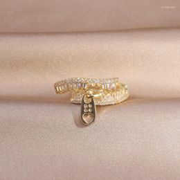 Cluster Rings Korean 14K Real Gold-plated Exquisite Zipper CZ Zircon Ring Applies To Women Daily Adjustable Open Design Paving Jewellery Gift