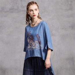 Women's Blouses Autumn Women Asymmetrical Blouse Denim Shirt 2023 Vintage Half Sleeve Embroidery O Neck Blusas Femininas Q9297