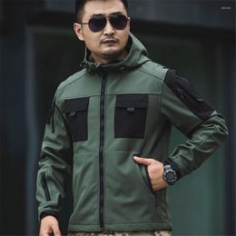 Hunting Jackets Tactical Soft Shell Jacket Men Autumn Multi Pockets Thickened Warm Windbreaker Military Fan Waterproof Hooded Hiking Coat