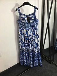 Fashion Women Dress Heavy Industry Gemstone Inlaid Blue And White Porcelain Print Round Neck Short Sleeve Dresses Luxury Sexy Designer Women Clothing