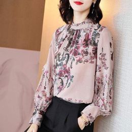 Women's Blouses Spring Women Round Neck Ruffled Chiffon Shirt Long Sleeve Loose Floral Print Pullover Blusas De Una Managa Colour Roja