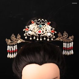 Hair Clips Women's Gold Plated Flower Long Beads Tassel Crown 3pcs Ancient Style Hanfu Headdress