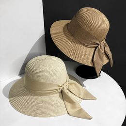 Bucket Hat Beach Summer Straw Hats for Women Flat Top Ribbon Bowknot Elegant Luxury Straw Women Summer Hats Sombreros De Mujer