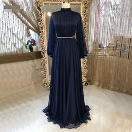 Elegant Navy Blue Muslim Evening Dresses Long Sleeves beaded belt high neck A-Line Women Formal Gowns Crystal Chiffon Prom Dress Robes De Soiree