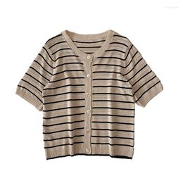 Women's T Shirts Summer Korean Style Casual Round Neck Short Striped Sleeve Knitted Cardigan T-shirt Women
