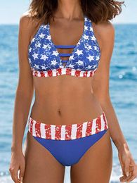 Costumi da bagno da donna Sexy bandiera americana Scava fuori Bikini con scollo all'americana Costume da bagno per donna Costume da bagno femminile a vita alta con stampa retrò Spiaggia