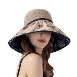 Women Summer Folding Bucket Hat for Beach Holiday Lady Spring Vinyl Sunscreen Bowler Ginkgo Leaf Pattern Sun Protection Cap New
