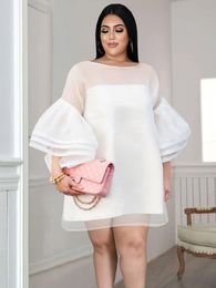 Plus size Dresses Size 4XL Loose for Women White O Neck Mesh Tierred Robes Flare Sleeve Mini Gowns Party Event Occasion Outfits Fall 230627